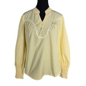 NWT | Falechay Yellow & White Striped V-Neck Lace Trim Long Sleeve Blouse | Smal